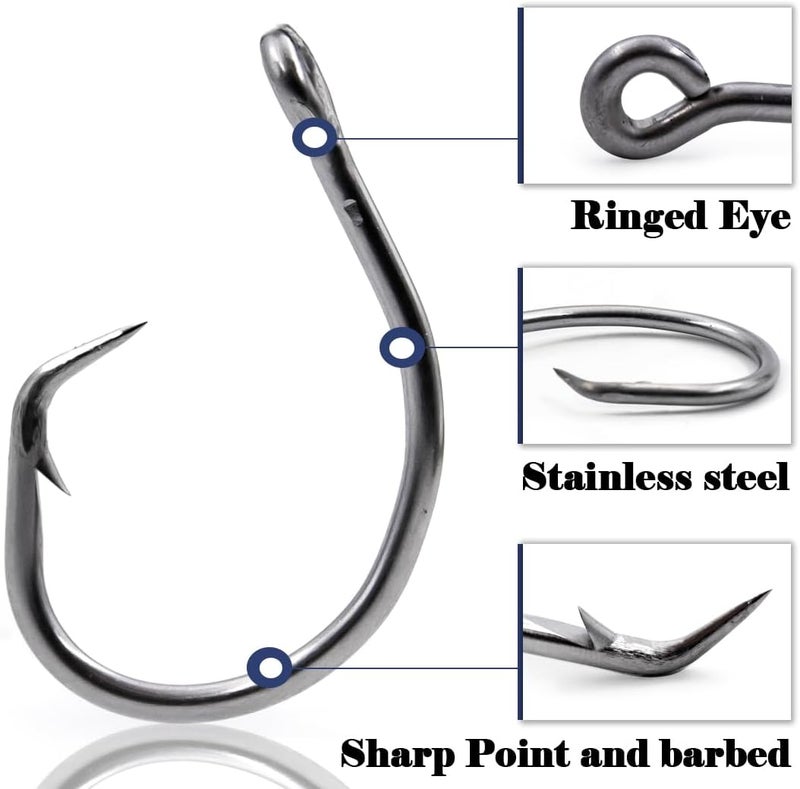 FishTrip Circle Hooks Saltwater,in-Line Fishing Hooks 5X Strong for Catfish 25pcs,Black/High Carbon Steel/Non-Offset/Closed Eye/Wide Gap for Striped Bass Salmon - Image 2